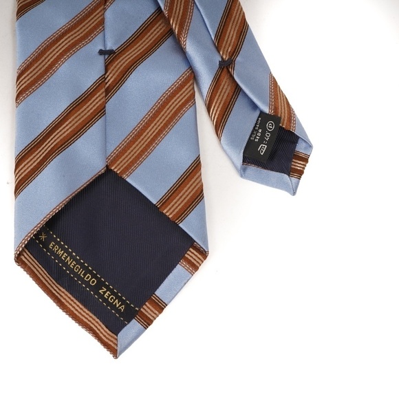 Ermenegildo Zenga Light Blue with Brown Double‎ Stripped Pattern Silk Tie​​ - Picture 3 of 6